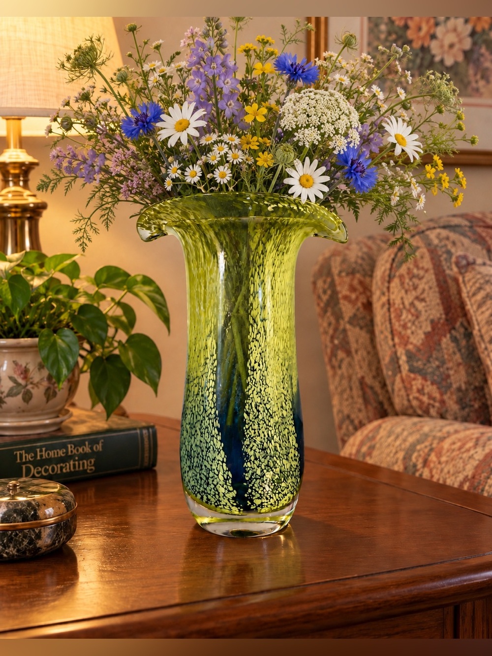 Vintage Teleflora Art Glass Vase Cobalt Blue Lime Green Speckled Flared Rim